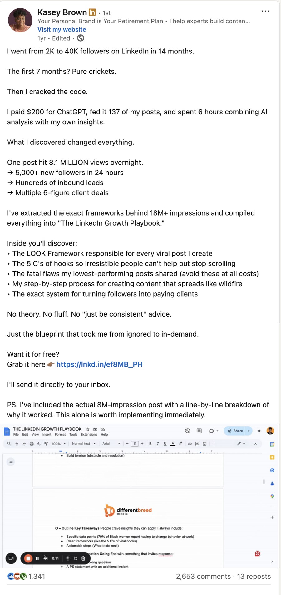 Kasey Brown LinkedIn post: I went from 2K to 40K followers on LinkedIn in 14 months, one post hit 8.1 million views, the LinkedIn Growth Playbook