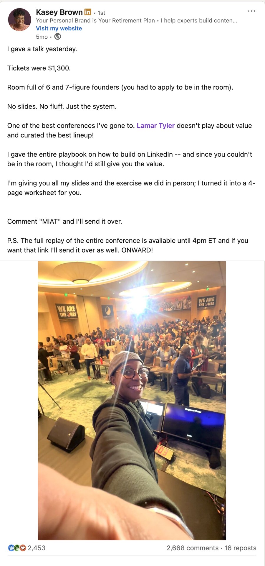 Kasey Brown LinkedIn post: I gave a talk yesterday, tickets were $1,300, room full of 6 and 7-figure founders