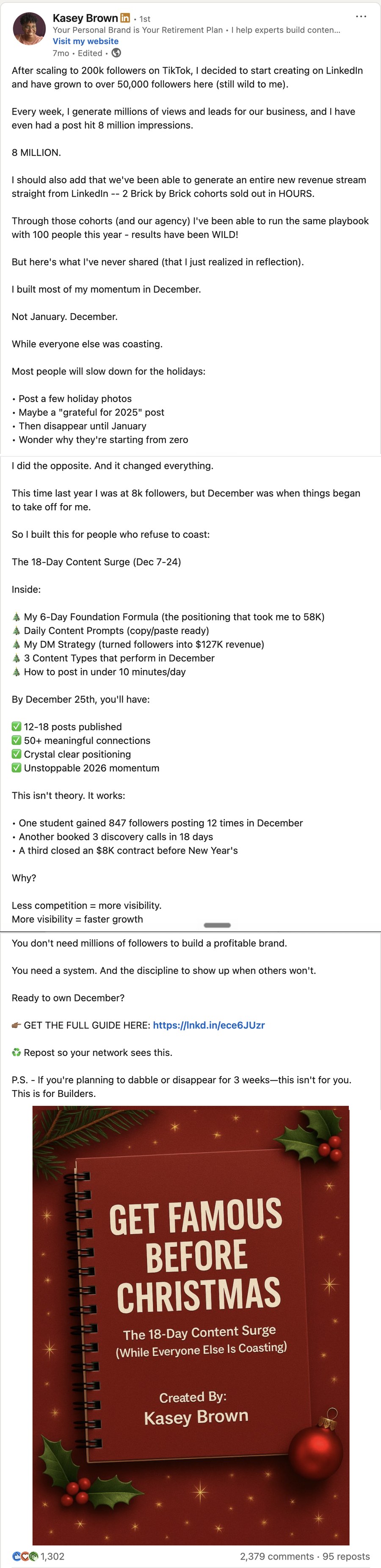 Kasey Brown LinkedIn post: after scaling to 200k followers on TikTok, 2 Brick by Brick cohorts sold out in HOURS, Get Famous Before Christmas lead magnet
